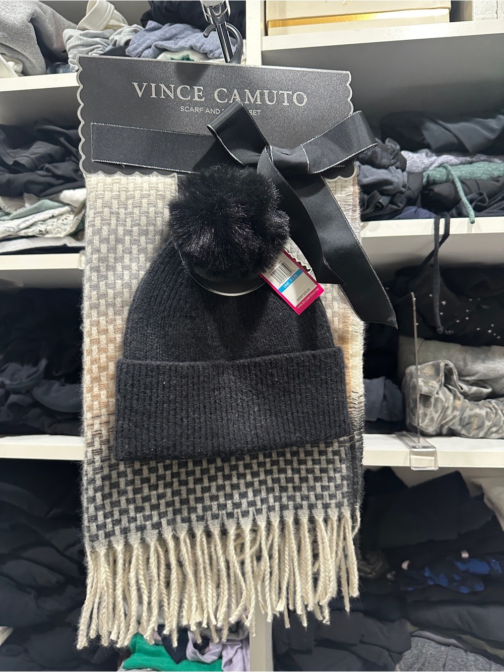 Vince Camuto Black Pom Beanie with Neutral Houndstooth Scarf